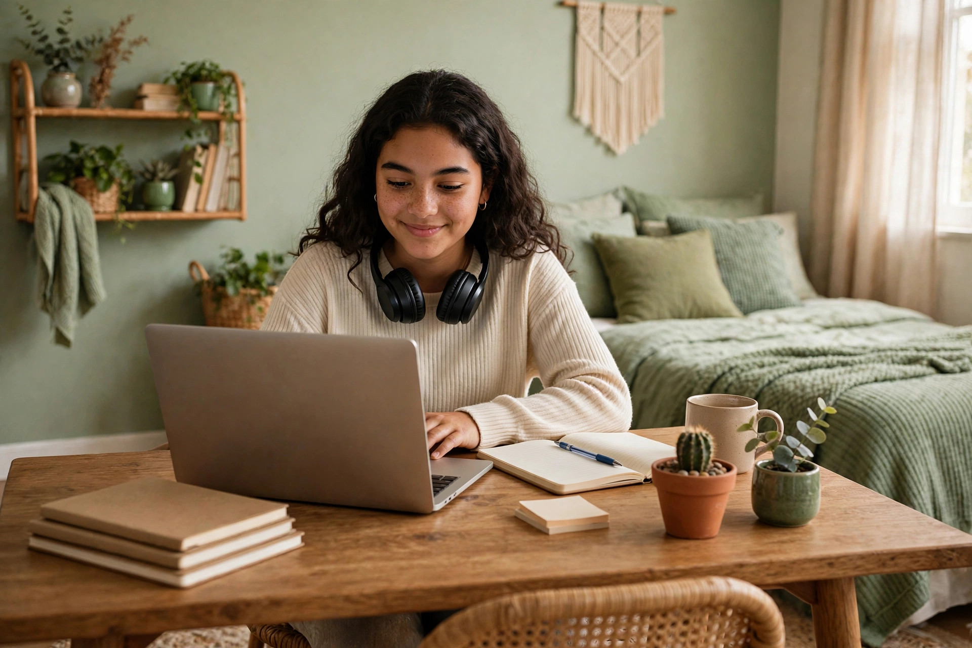 Adolescente en sesión de terapia online desde su habitación