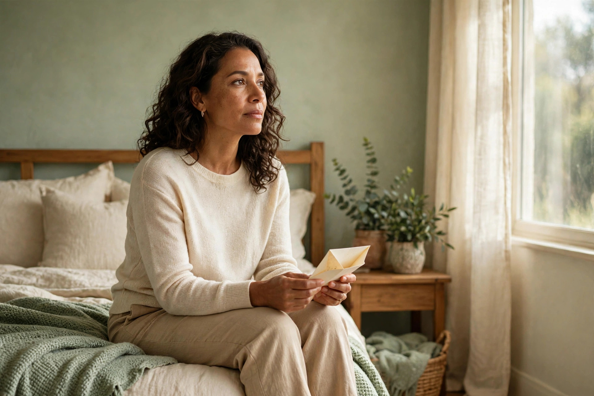 Mujer reflexionando en su habitación, programa de duelo